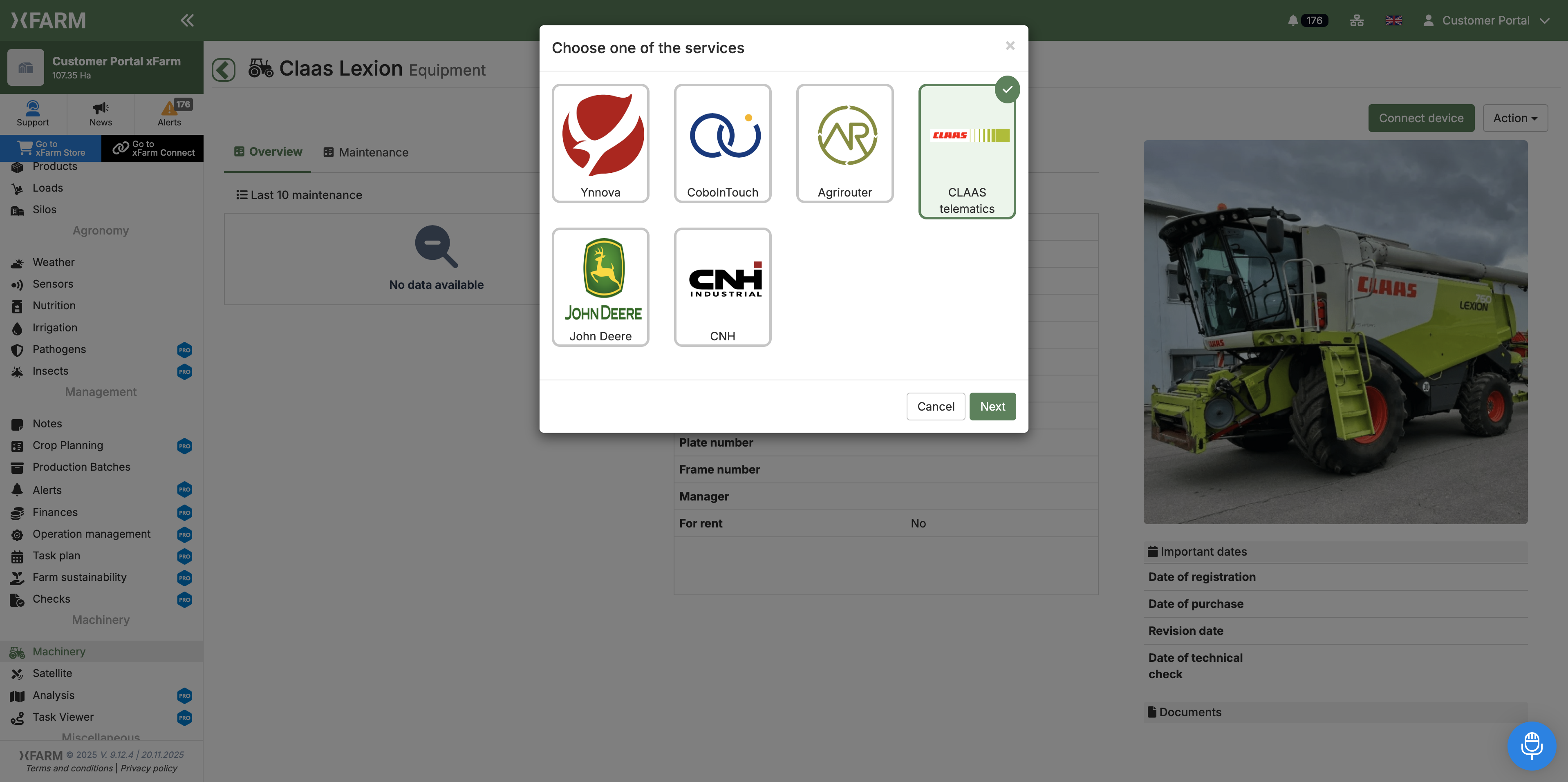 Connection and Management of machinery with Claas Connect